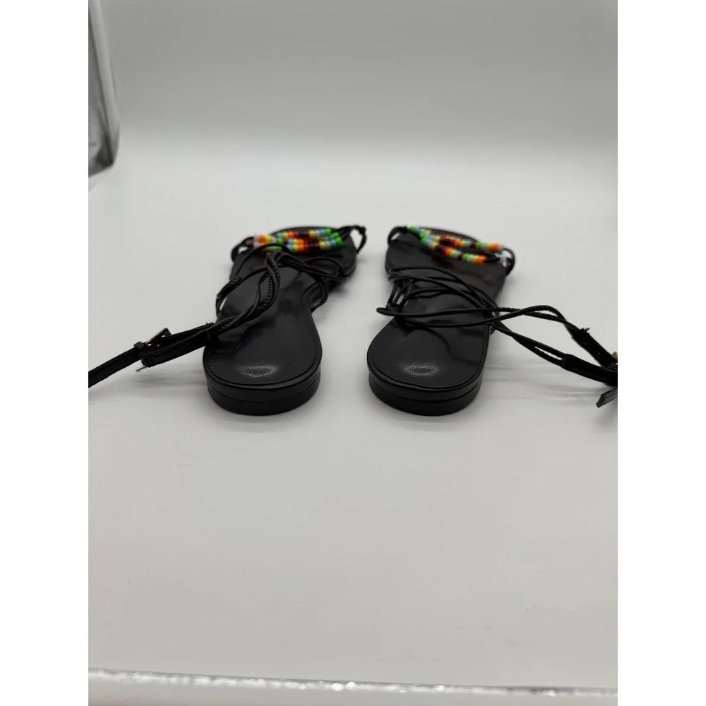 Women Black Beaded Lace Up Gladiator Sandals Flat Boho Shoes 8